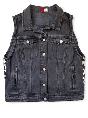 H&M Charcoal Black Denim Vest w/ Faux Fur Cheetah Print Back Panels | Size 14